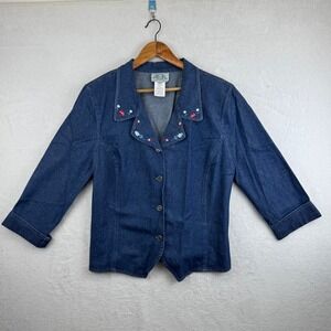 River Ridge Company Denim Blazer Jacket Floral Embroidered‎ Collar Women 1X